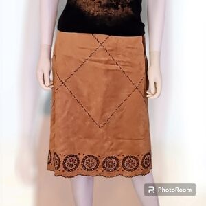 ECOLOGIE Tan Faux Suede Patchwork Scalloped Floral Cutout Skirt